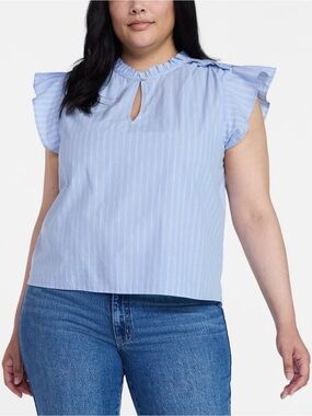 Plus Size Light Blue Stripe Ruffle Sleeve Keyhole Blouse